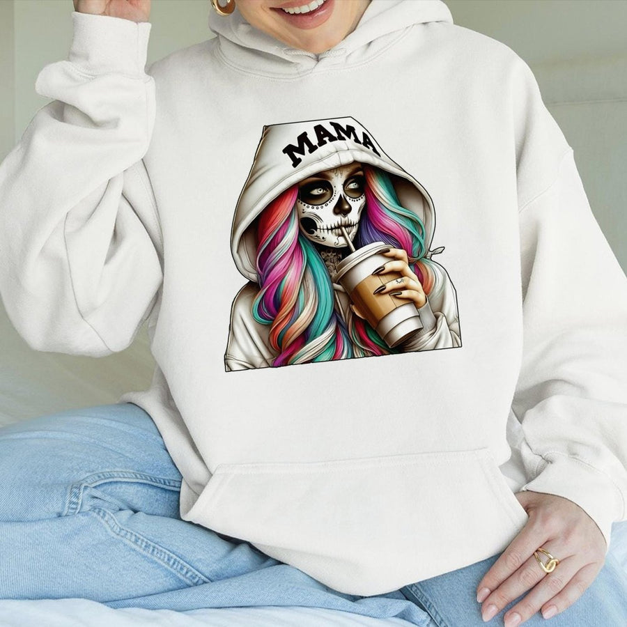 Mama Skeleton Coffee Hoodie | Spooky Graphic Sugar Skull Mom Sweatshirt | Cotton-Polyester Blend | Trendy Halloween Gift For Coffee Lovers