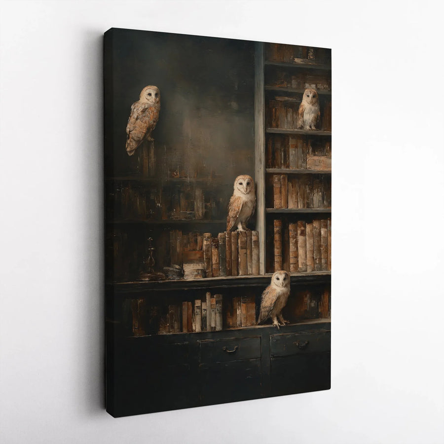 Barn Owl Library Canvas Print | Dark Academia Wall Art | Premium Gallery-Wrapped Portrait | Moody Vintage Decor for Home or Office