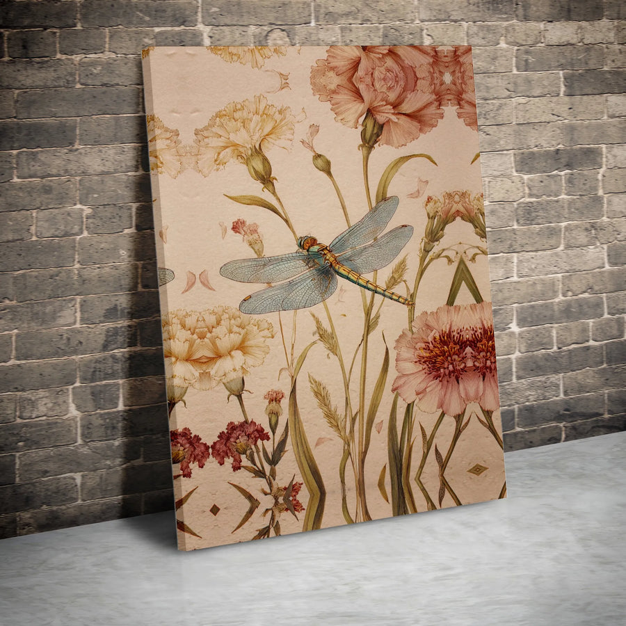 Vintage Dragonfly Canvas Wall Art | Antique Botanical Illustration with Carnations | Premium Gallery Wrapped Canvas | Cottagecore Home Decor Gift