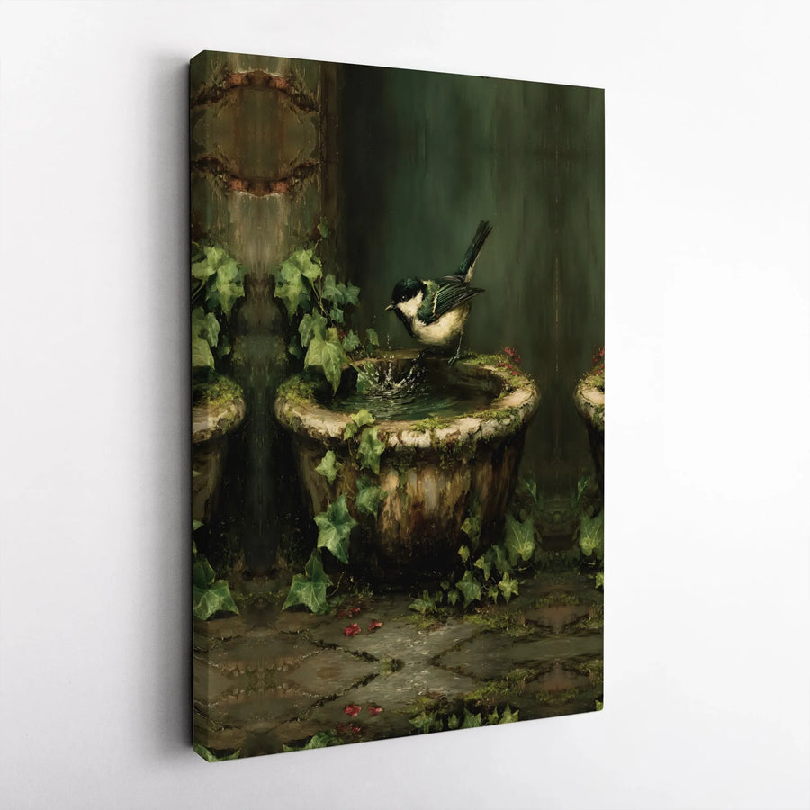 Vintage Bird Canvas Print | Great Tit Bird Bathing in Garden | Premium Gallery Wrap Wall Art | Nature Lover Gift for Living Room Decor
