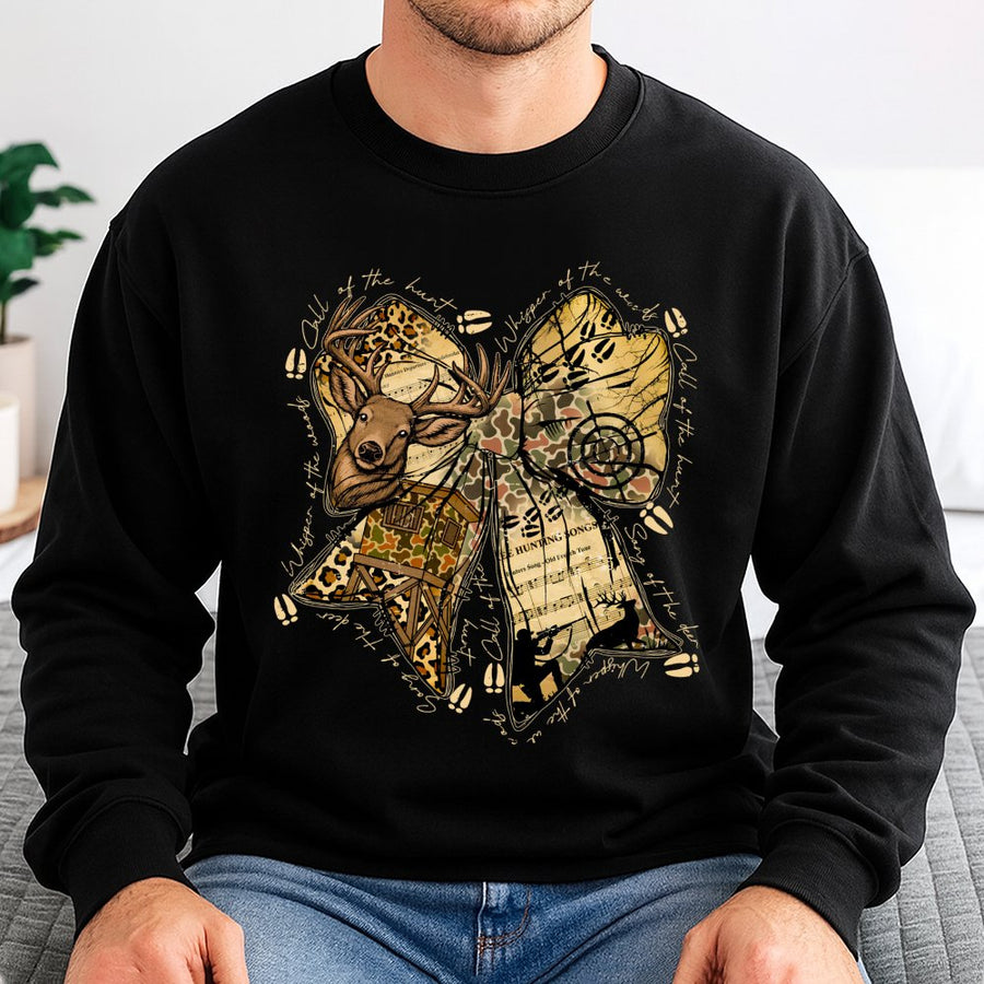 Hunting Bow Sweatshirt | Deer Antler Camo Coquette Aesthetic | Premium Cotton Blend | Gift for Outdoor Women and Hunters