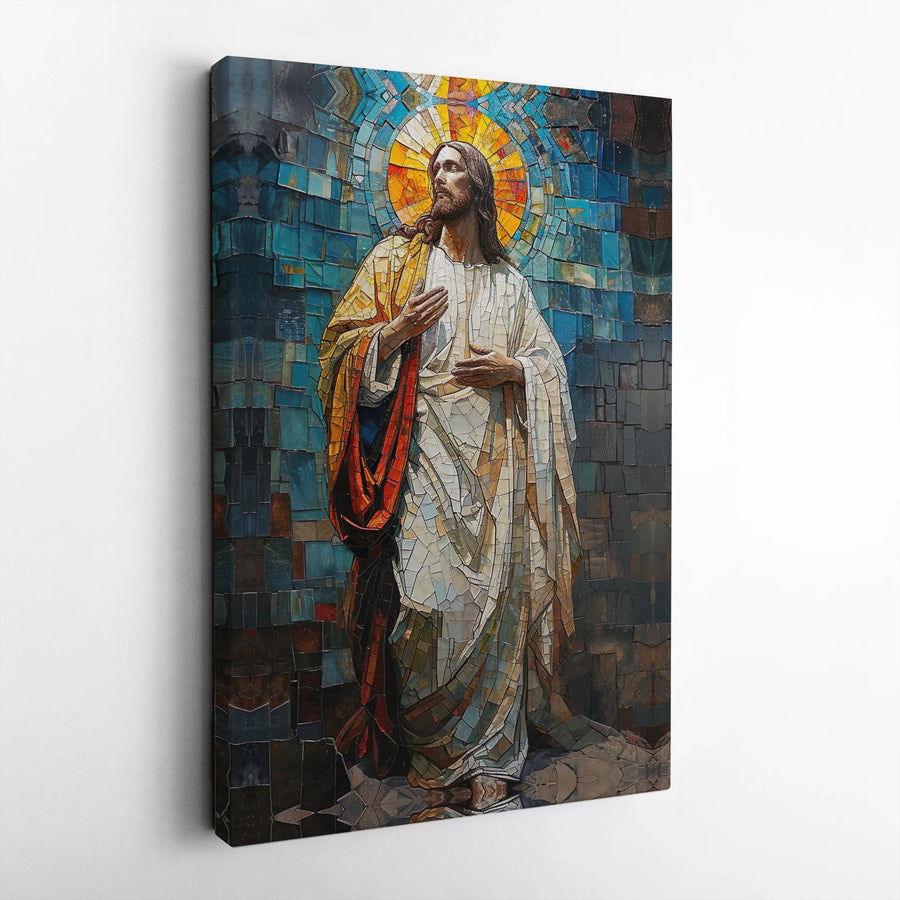 Jesus Christ Wall Art | Stained Glass Mosaic Portrait with Halo | Premium Gallery Wrapped Canvas | Religious Christian Home Decor Gift