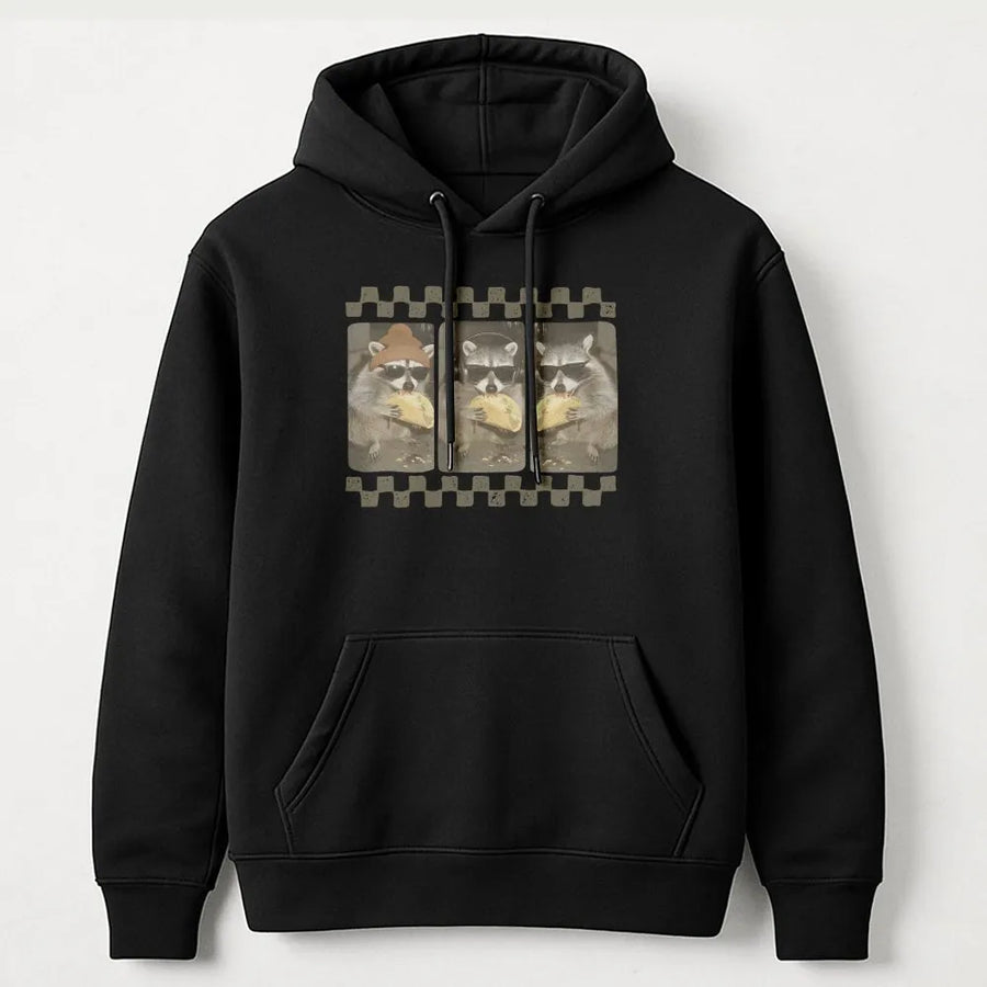 Funny Raccoon Hoodie | Taco Eating Trash Panda Retro Checkerboard Graphic | Soft Cotton Blend | Unisex Collector's Gift for Animal Lovers