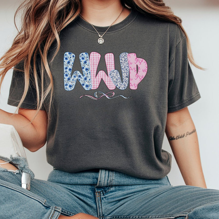 WWJD T-Shirt | Floral Checkered Coquette Bow Aesthetic | 100% Cotton Premium Comfort | Christian Faith Gift for Women