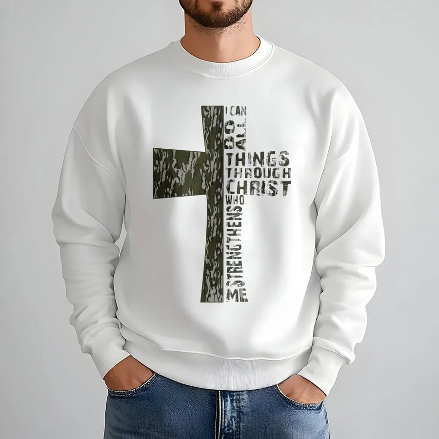 I Can Do All Things Through Christ Sweatshirt | Camo Cross Bible Verse Design | Premium Cotton Blend Pullover | Inspirational Religious Gift for Believers