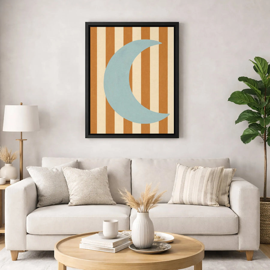 Mid Century Modern Moon Wall Art | Abstract Crescent Moon With Geometric Stripes | Premium Fade-Resistant Canvas | Minimalist Home Decor Gift