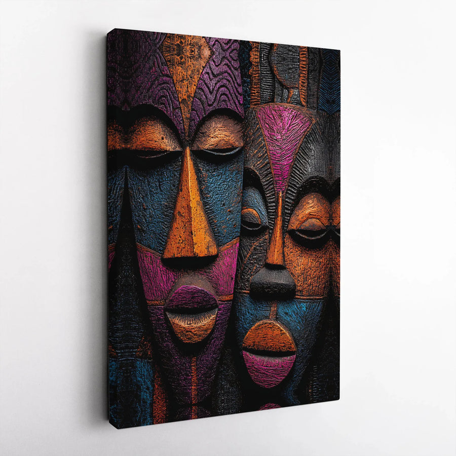 African Tribal Mask Wall Art | Colorful Abstract Textured Canvas Print | Premium Gallery Wrapped Decor | Modern Home Office Gift