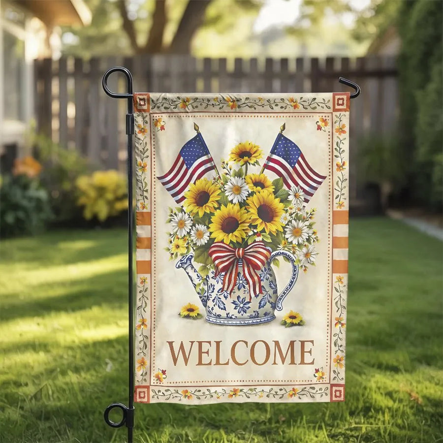 Patriotic Welcome Garden Flag | Sunflower Bouquet with American Flags | Double Sided Weather Resistant Fabric | Outdoor Yard and Porch Decor Gift