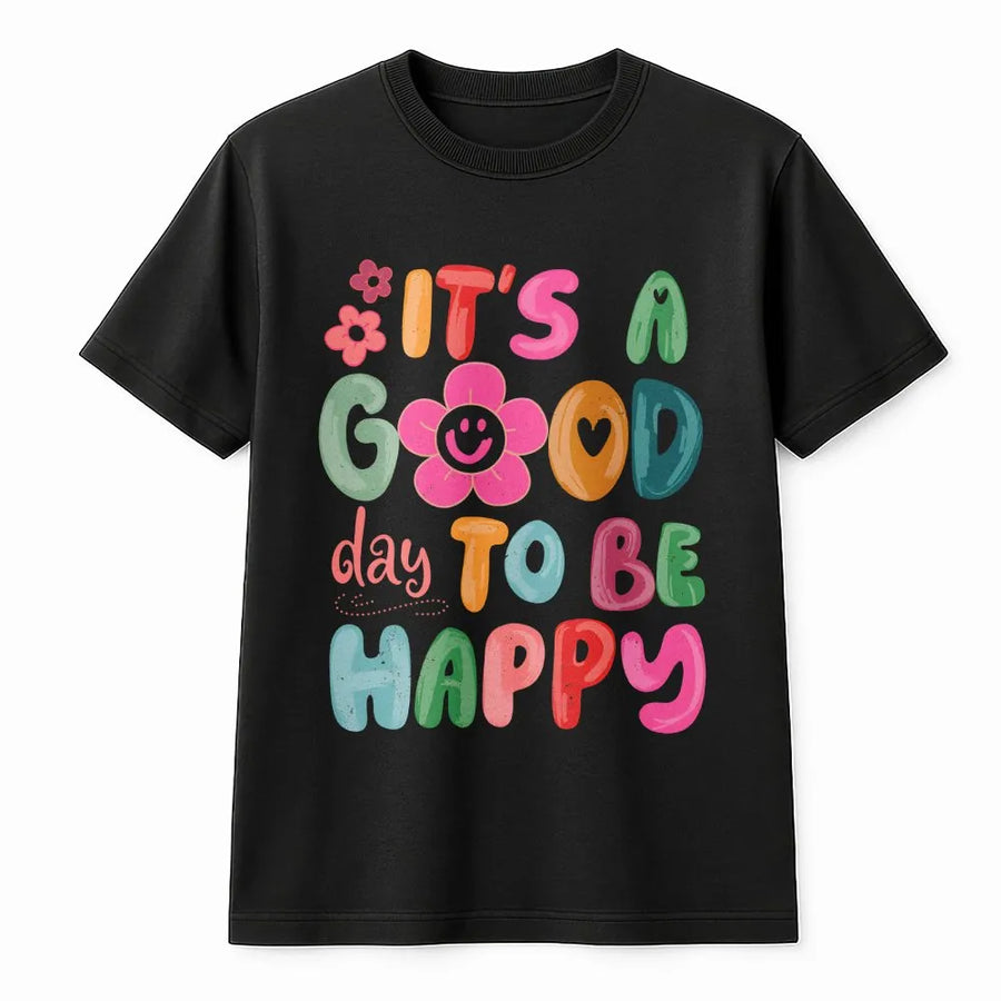 Good Day to Be Happy T Shirt | Retro Smiley Flower Graphic | Premium Cotton Tee | Inspirational Mental Wellness Gift for Her