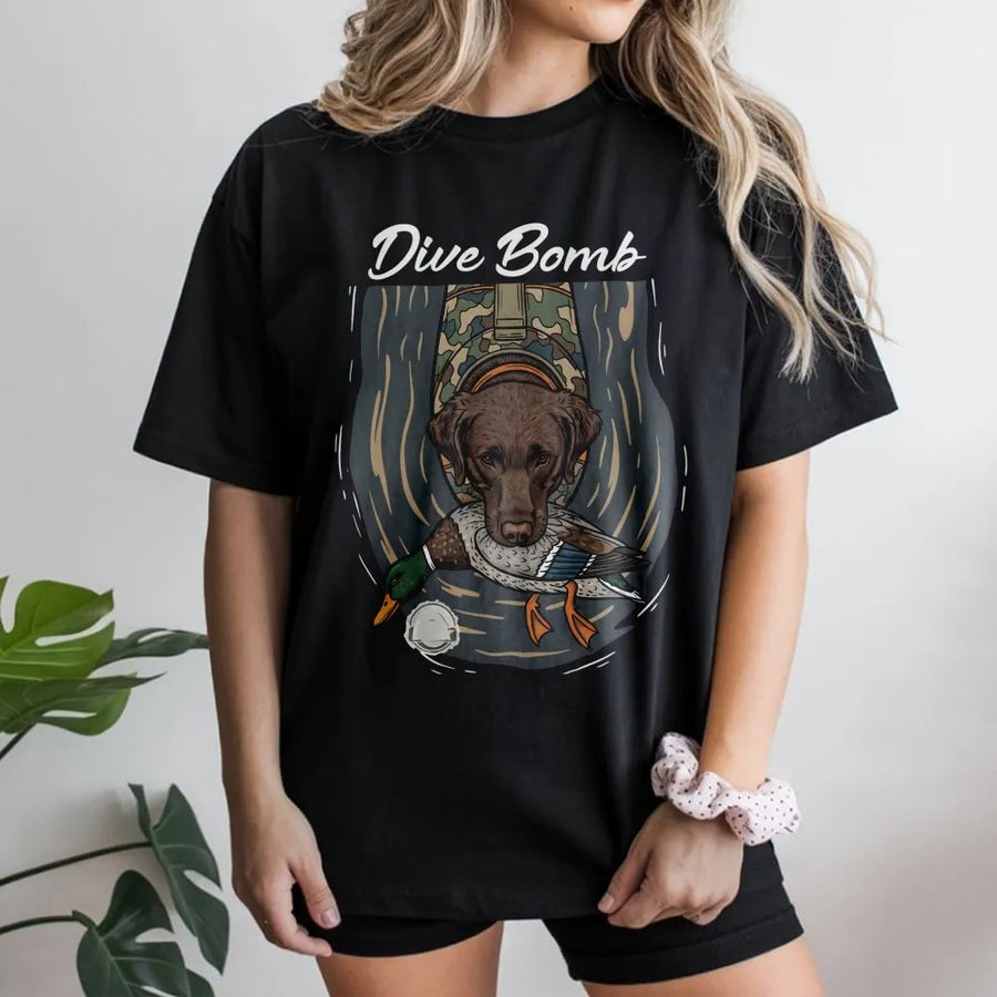 Chocolate Lab Hunting T-Shirt | Duck Retriever Dive Bomb Graphic | Premium 100% Cotton Tee | Gift for Waterfowl Hunters
