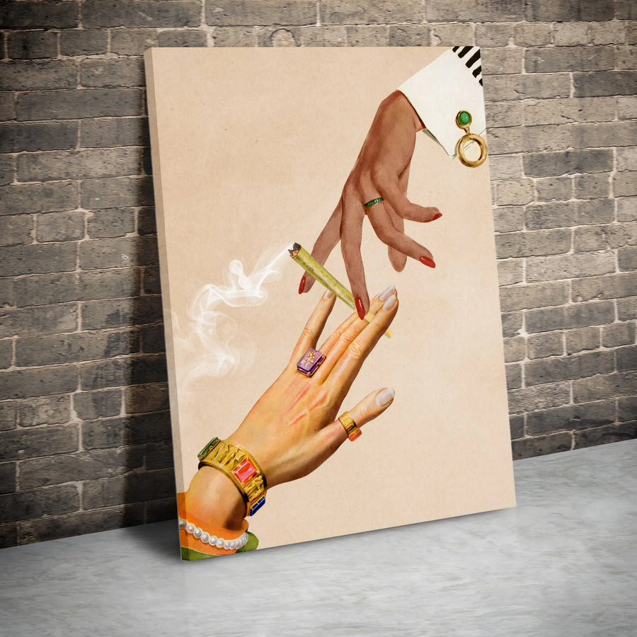 Surreal Hands Passing Joint Canvas Art | Vintage Collage Aesthetic | 1.25" Premium Gallery Wrap | Trendy Home Office Wall Decor Gift