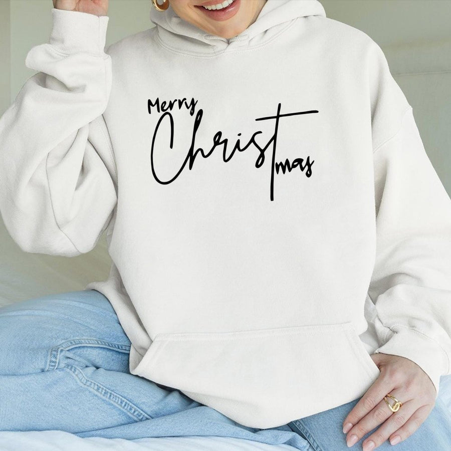 Merry Christmas Hoodie | Minimalist Script Typography Design | Premium Cotton-Poly Blend | Festive Holiday Gift for Men and Women
