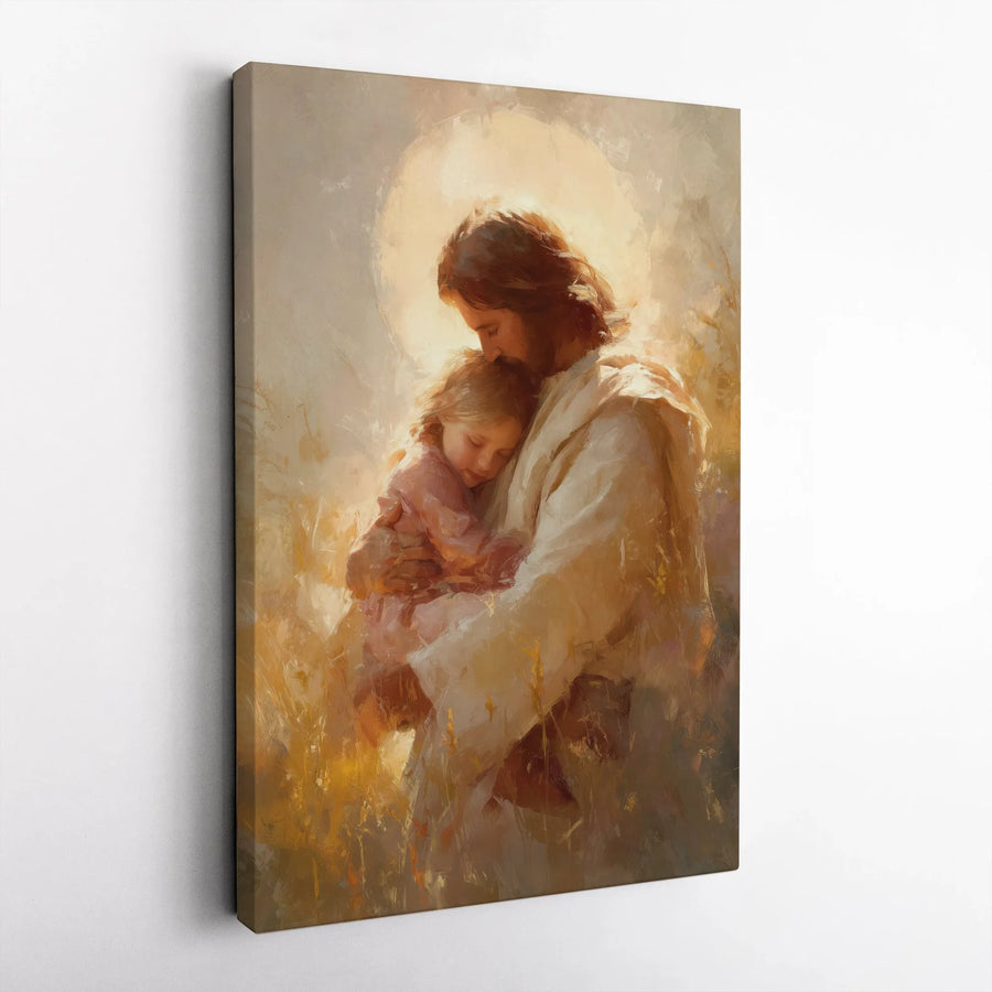 Jesus Holding Child Vertical Canvas | Christian Faith Artwork Print | Premium Gallery Wrap | Spiritual Gift for Home Decor