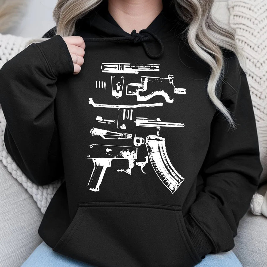 Gun Schematic Hoodie | Exploded View Rifle Blueprint | Premium Cotton Blend Pullover | Gift for Gun Enthusiast
