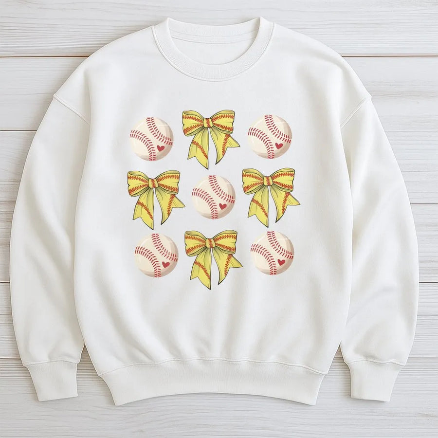 Softball Bow Sweatshirt | Baseball Heart Ribbon Graphic | Premium Cotton Blend Crewneck | Cute Sports Mom Gift for Baseball Season