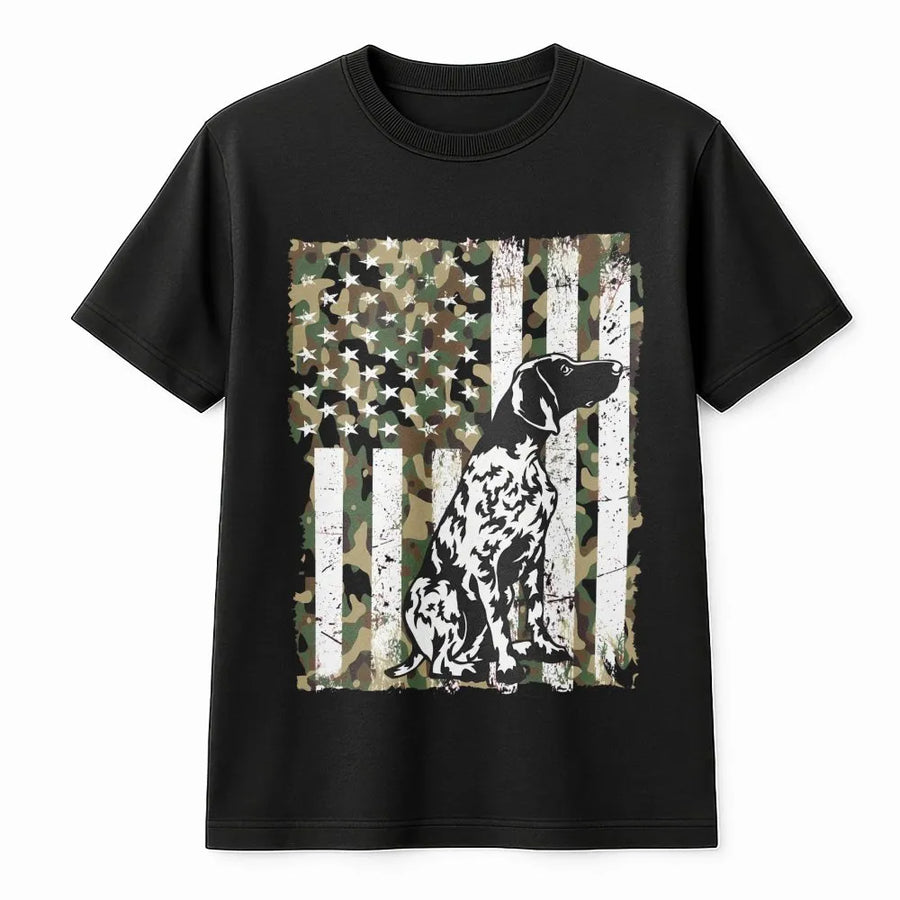 German Shorthaired Pointer T-Shirt | Distressed Camo American Flag Dog Design | 100% Soft Cotton Premium Tee | Unique Hunting Gift for GSP Dog Lovers