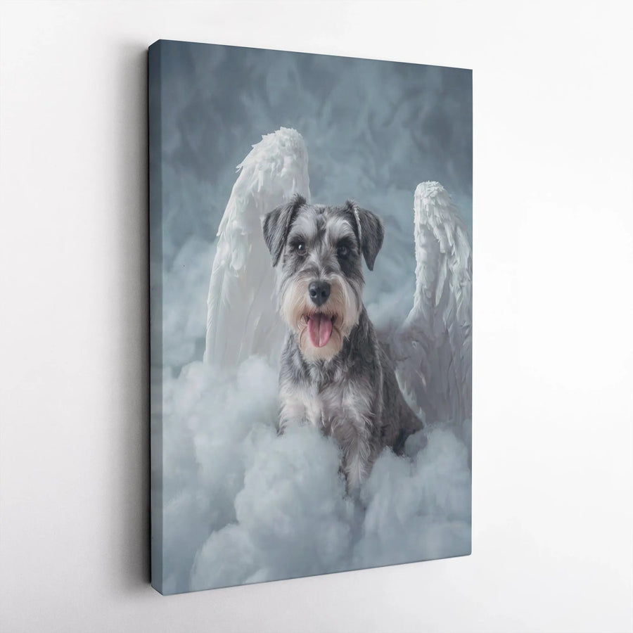 Schnauzer Angel Canvas Wall Art | Dog with Wings on Clouds Portrait | Premium Canvas Print | Pet Loss Sympathy Gift for Dog Lover