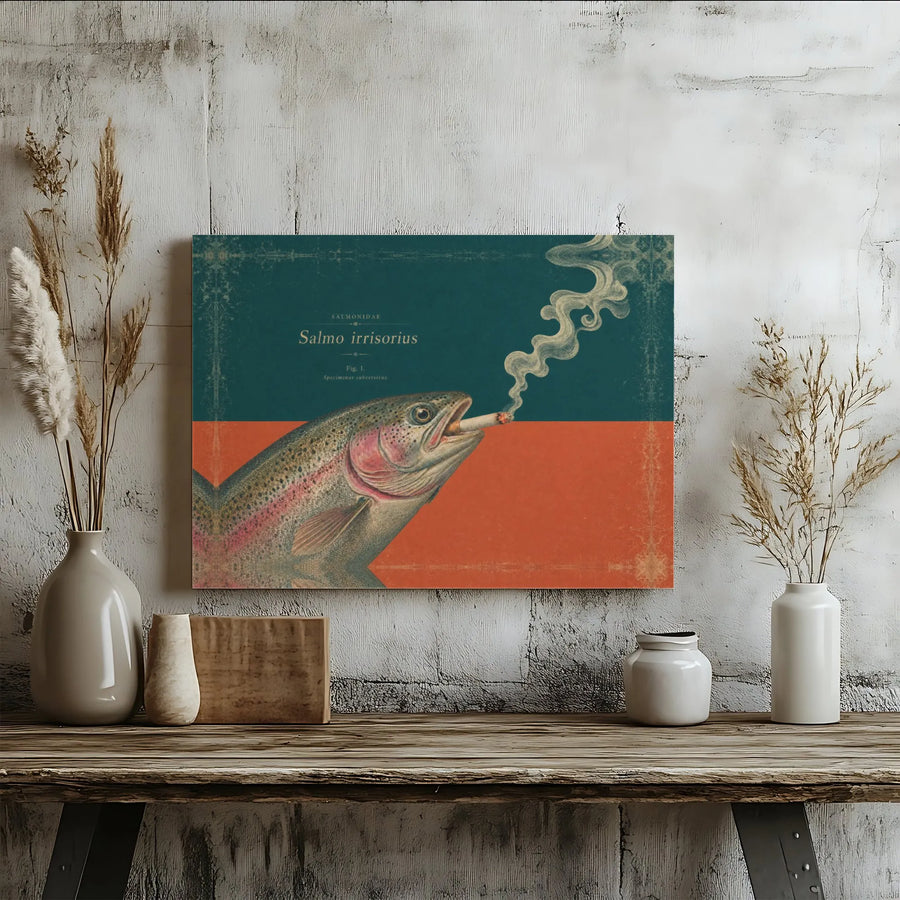 Smoking Fish Horizontal Canvas | Vintage Rainbow Trout Scientific Poster Art | Premium 1.25 In Gallery Wrap | Funny Cabin Decor Gift for Fisherman