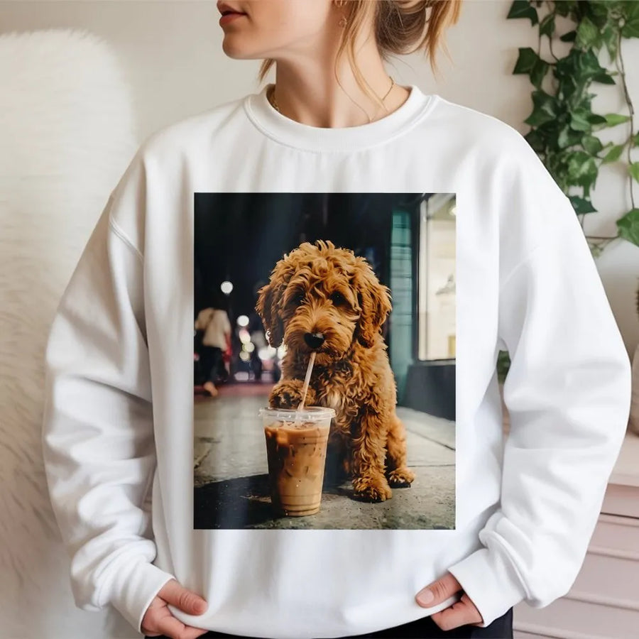 Doodle Dog Sweatshirt | Puppy Drinking Iced Coffee Graphic | Soft Cotton Blend | Unique Gift for Dog Lovers & Doodle Moms
