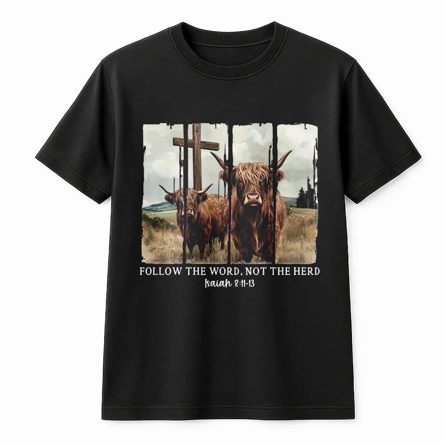 Highland Cow Christian T-Shirt | Follow The Word Not The Herd Bible Verse Design | Premium Cotton Graphic Tee | Religious Gift for Men and Women