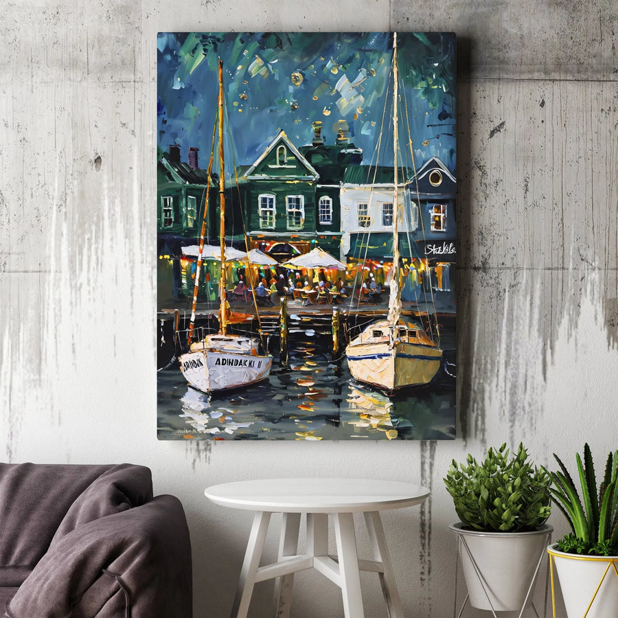 Harbor Sailboat Night Canvas Print | Impressionist Nautical Waterfront Art | Premium Gallery Wrapped Wall Decor | Coastal Home Office Gift