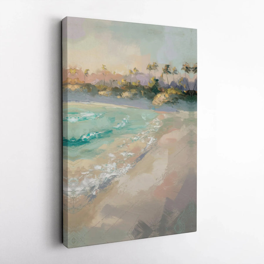 Abstract Beach Canvas Wall Art | Modern Seascape Painting with Palm Trees | Premium Frameless Gallery Wrap | Living Room Decor Gift