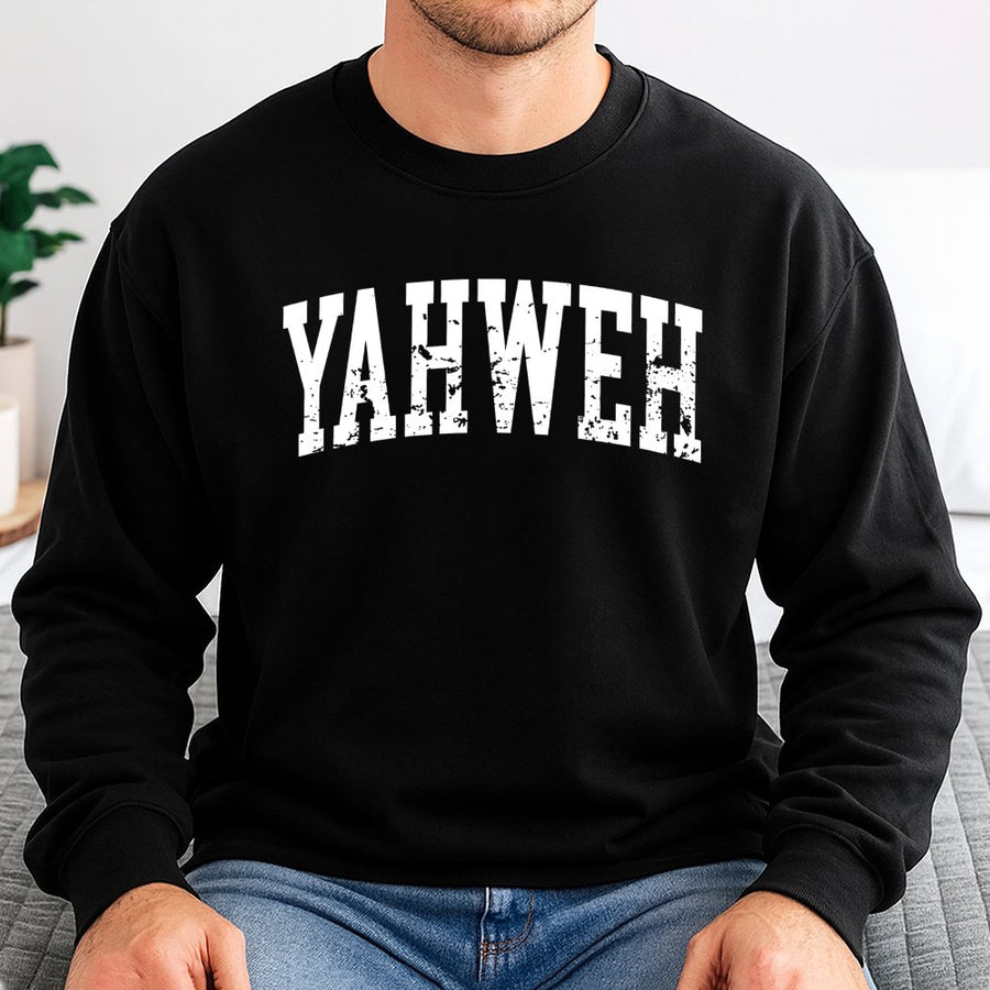 Yahweh Christian Sweatshirt | Distressed Varsity Text Graphic | Soft Cotton-Poly Blend | Religious Faith Gift For Believers