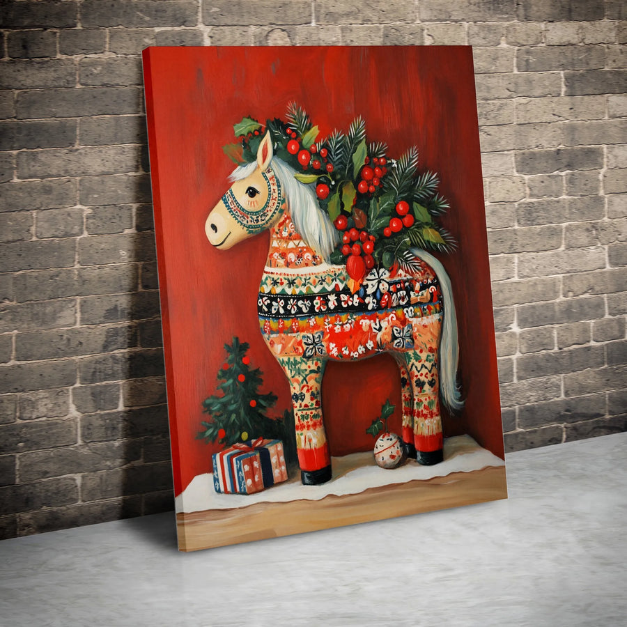 Dala Horse Canvas Print | Festive Folk Art Christmas Wall Decor | Premium Fade-Resistant Gallery Wrap | Seasonal Holiday Gift for Home