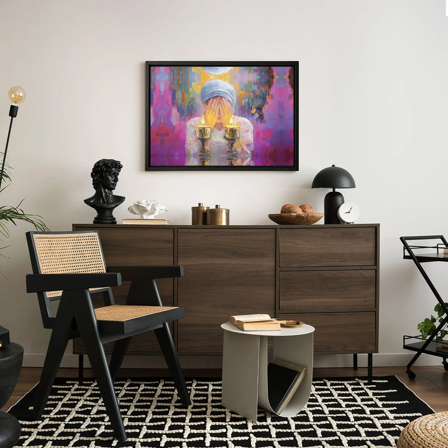 Jewish Woman Lighting Shabbat Candles Canvas | Abstract Oil Style Wall Art | Premium Gallery Wrapped Print | Judaica Home Decor Gift