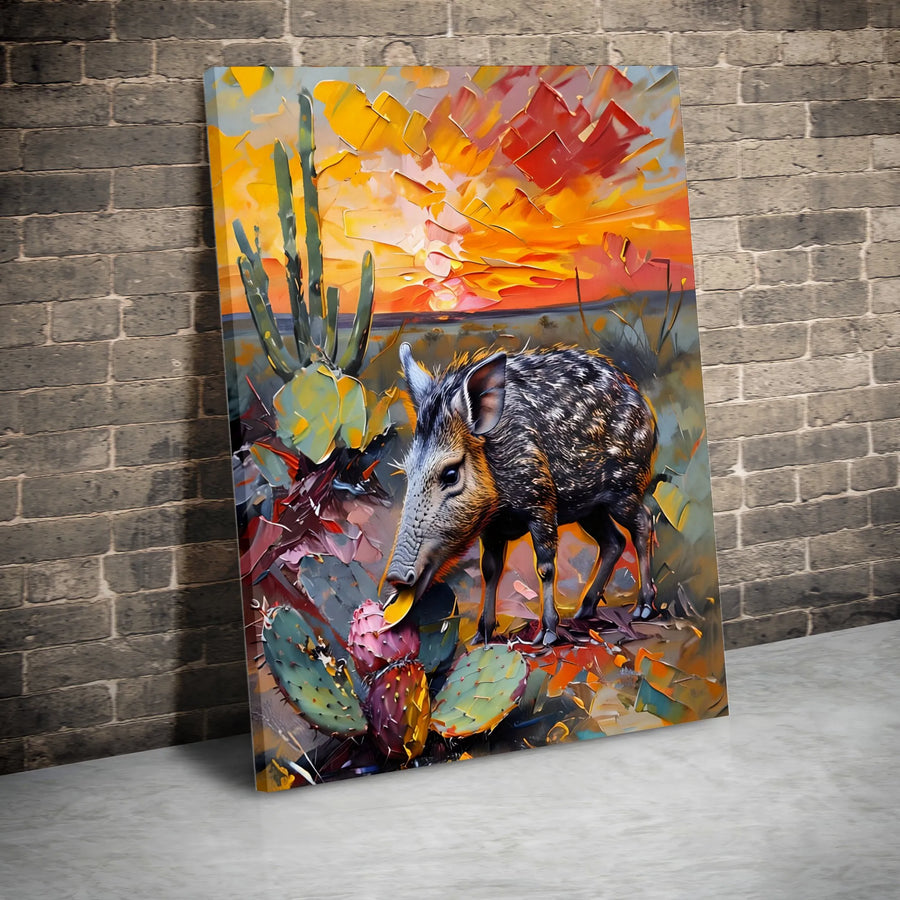 Javelina Canvas Wall Art | Abstract Desert Sunset Painting with Cactus | Premium Gallery Wrap | Southwestern Home Decor Gift