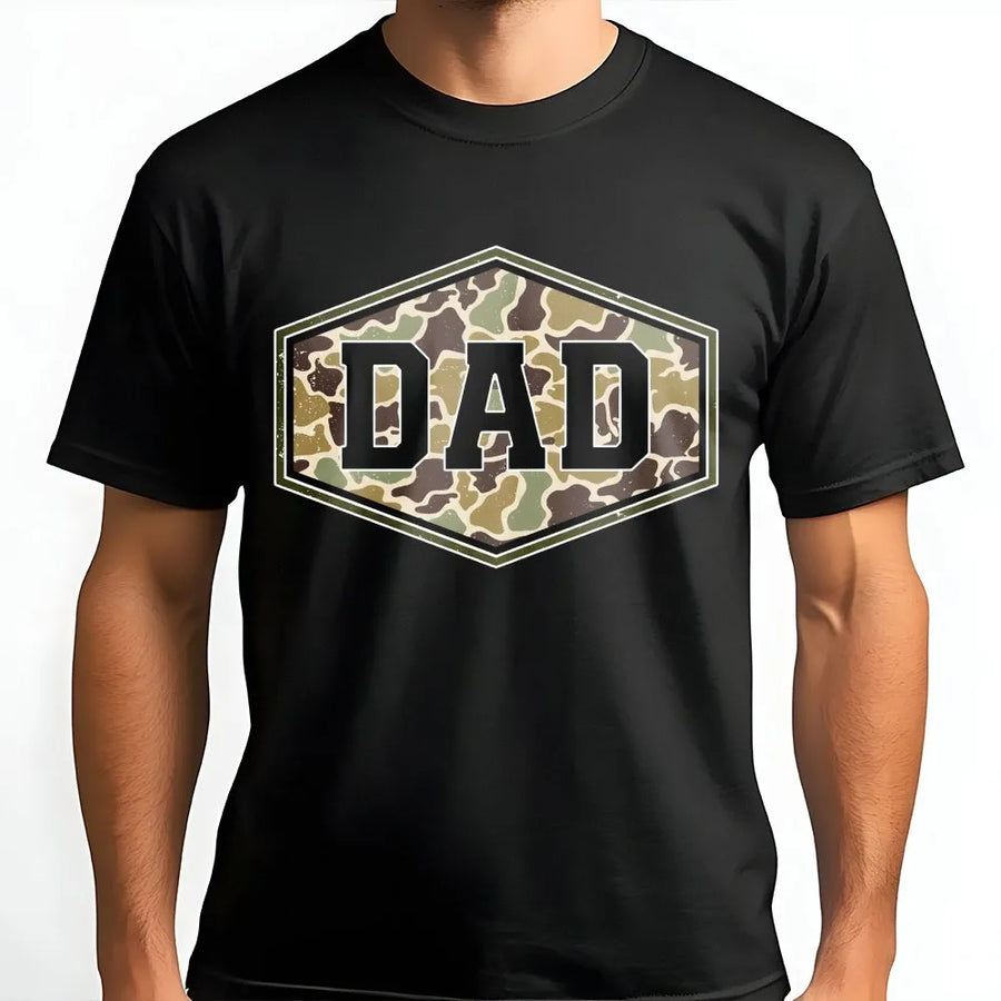 Duck Camo Dad Shirt | Retro Varsity Graphic Tee with Distressed Camouflage | Premium Cotton | Father's Day Gift for Hunter Dad