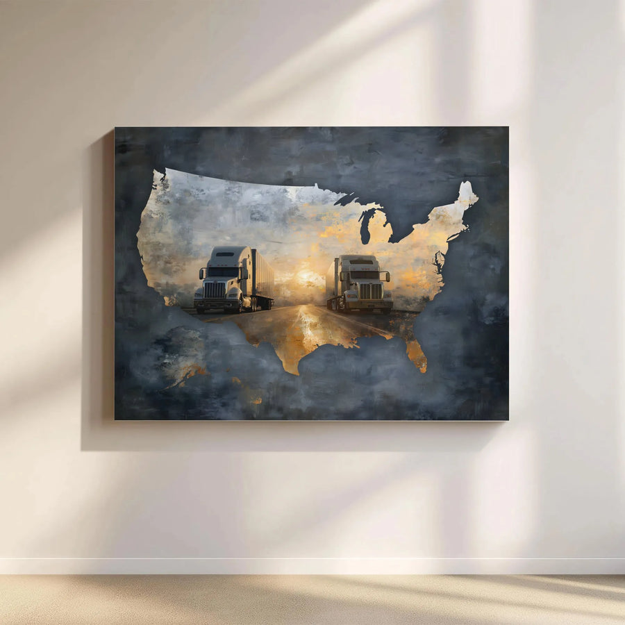 American Trucker Canvas Wall Art | USA Map Semi Truck Artwork | Premium Gallery Wrapped Canvas | Gift for Truck Driver Man Cave Decor