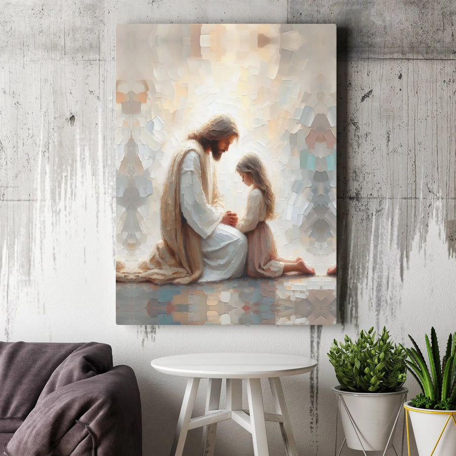 Jesus Kneeling With Child Canvas Print | Religious Oil Painting Style Wall Art | 1.25 Inch Gallery Wrap | Christian Home Decor Gift
