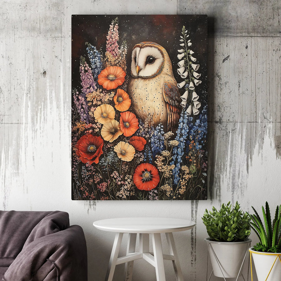 Barn Owl Canvas Wall Art | Whimsical Wildflower and Poppy Meadow Print | Premium 1.25" Gallery Wrap | Nature Lover Home Decor Gift
