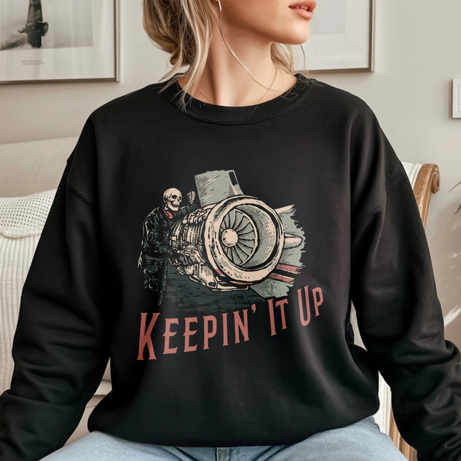 Aircraft Mechanic Sweatshirt | Skeleton Jet Engine Graphic | Premium Cotton Blend | Funny Aviation Maintenance Gift For Him