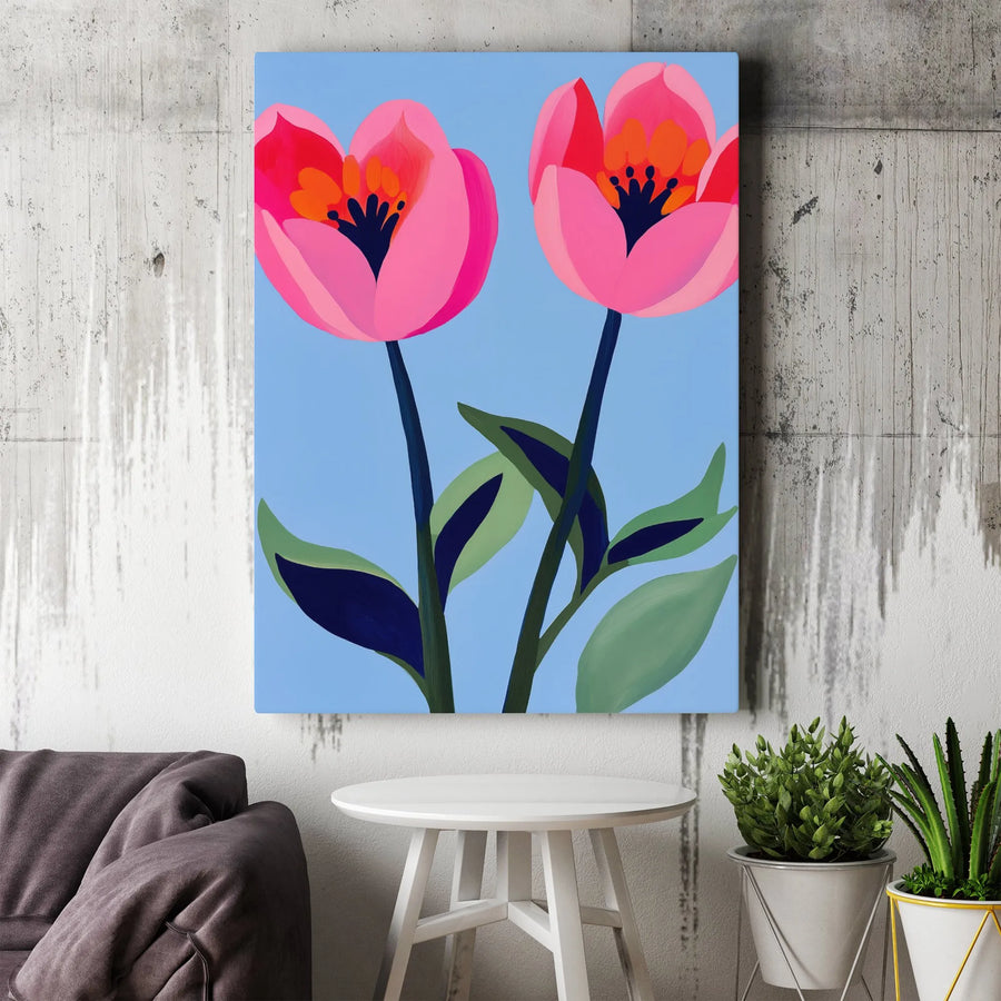 Pink Tulip Floral Canvas Wall Art | Modern Botanical Illustration | Premium Fade-Resistant Gallery Print | Minimalist Living Room Home Decor