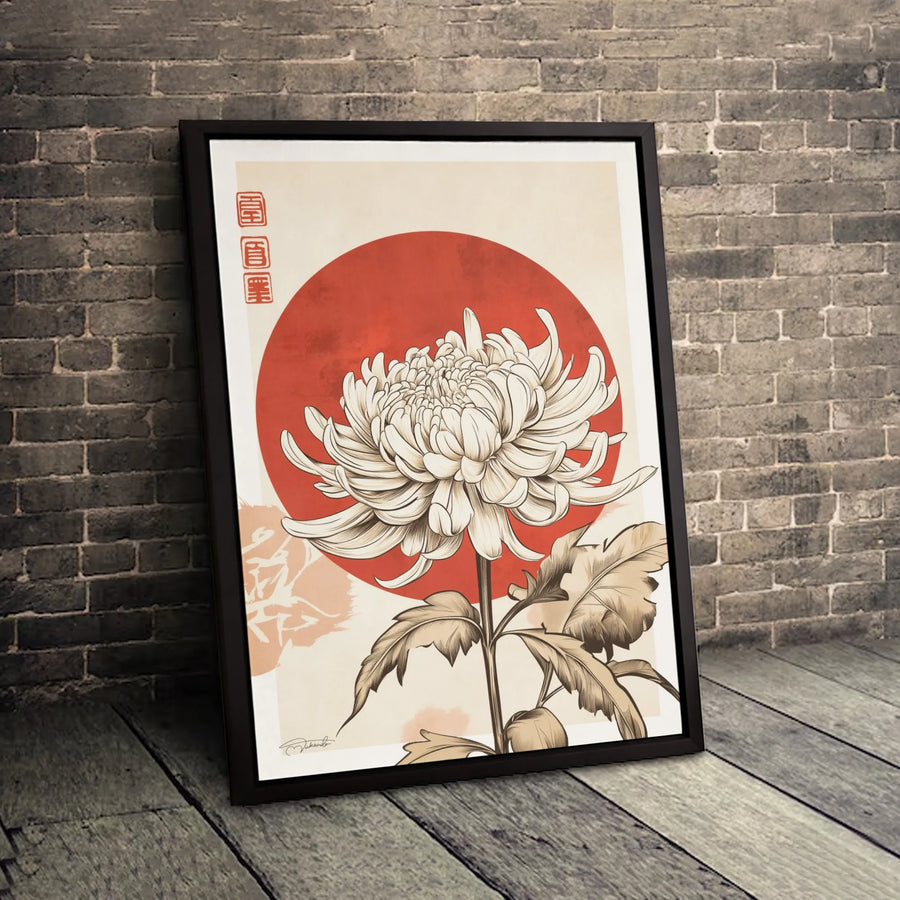 Japanese Chrysanthemum Canvas Art | Minimalist Red Sun Floral Wall Decor | Premium Gallery Wrap Print | Zen Asian Home Office Gift