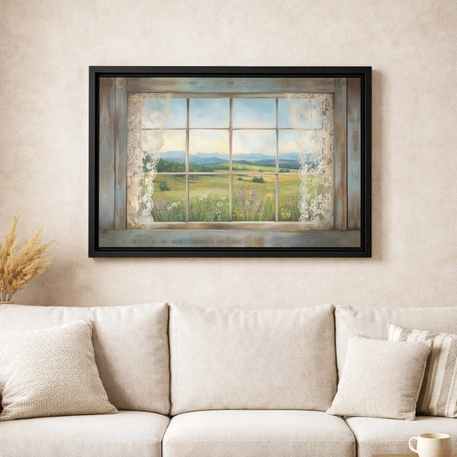 Rustic Window View Canvas Print | Wildflower Meadow Landscape With Lace Curtains | Premium Gallery Wrap Art | Farmhouse Wall Decor Gift