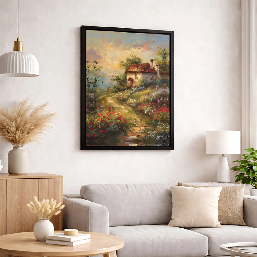 Cottage Landscape Canvas Wall Art | Impressionist Poppy Field Painting | 1.25" Gallery Wrap | Nature Home Decor Gift for Living Room