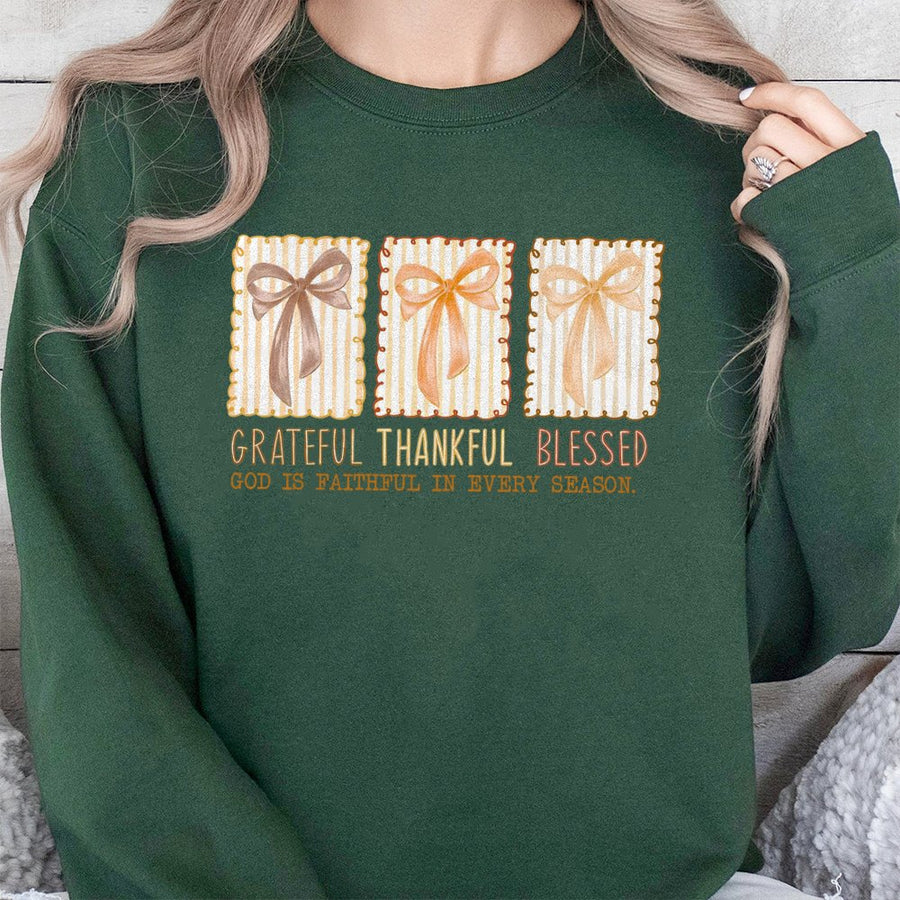 Grateful Thankful Blessed Sweatshirt | Coquette Bow Graphic Design | Soft Cotton Blend Fall Apparel | Christian Thanksgiving Gift for Her