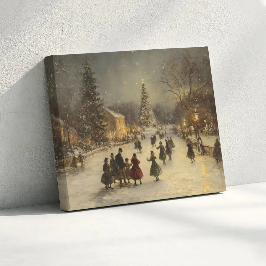 Vintage Christmas Ice Skating Canvas | Snowy Town Square Winter Landscape Art | Premium Gallery-Wrapped Wall Decor | Festive Holiday Home Gift