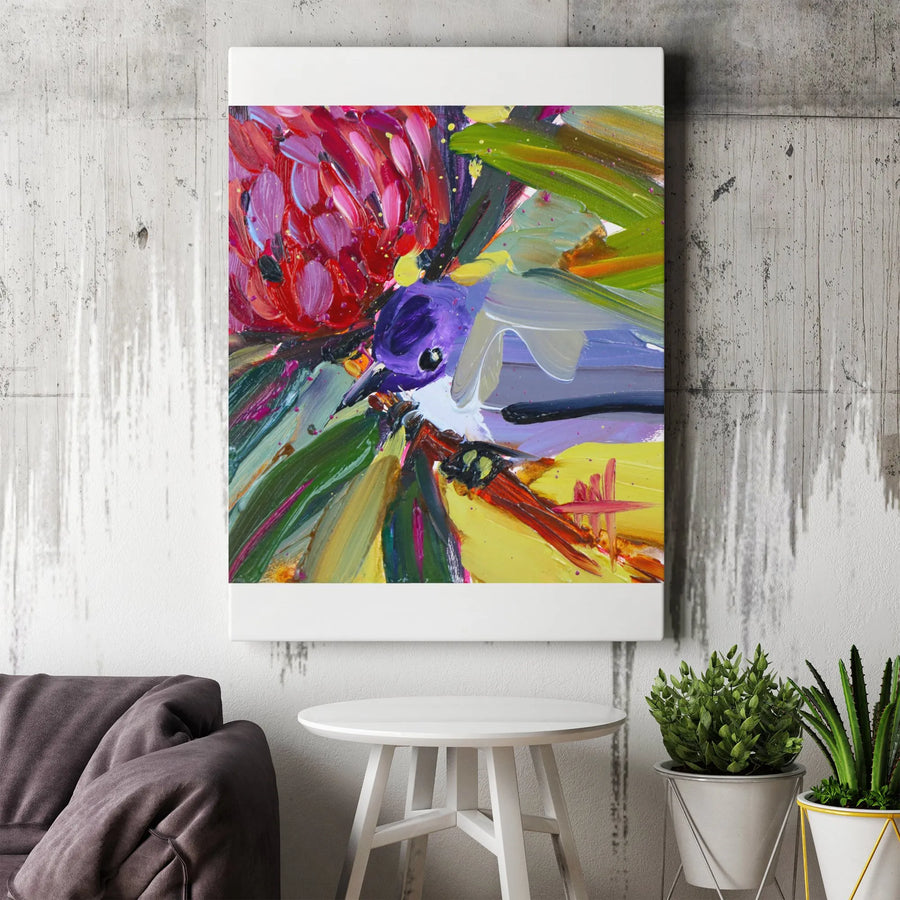 Abstract Bird Canvas Wall Art | Colorful Impasto Style Fairy Wren & Waratah Flower Painting | Premium Gallery Wrapped Canvas | Modern Home Decor Gift for Nature Lover