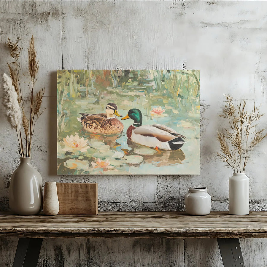 Mallard Ducks Canvas Wall Art | Impressionist Pond & Water Lilies Print | Gallery Wrapped Premium Decor | Nature Lover Living Room Gift