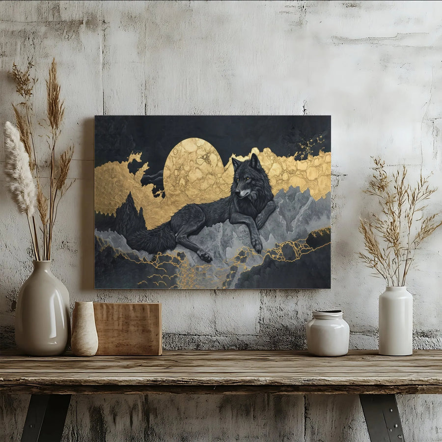 Black Wolf Wall Art | Golden Moon Mountain Landscape | Premium Gallery Wrapped Canvas | Moody Wildlife Home Decor Gift