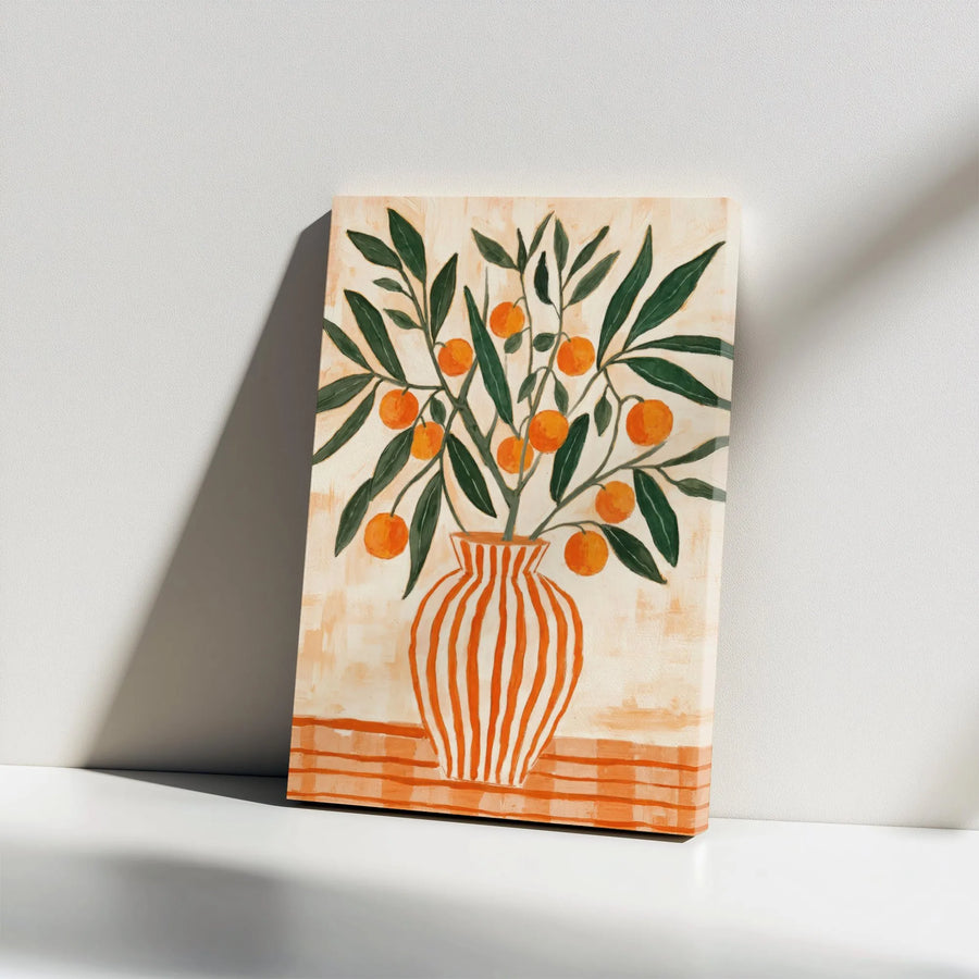 Orange Tree Canvas Print | Modern Citrus Still Life in Striped Vase | Premium Gallery Canvas | Boho Kitchen Decor Gift