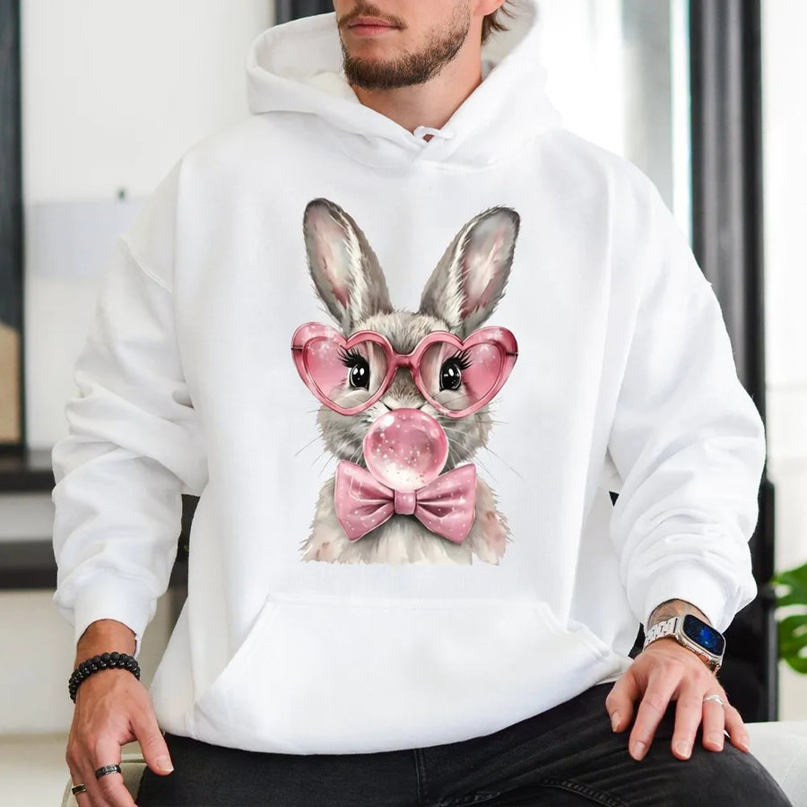 Easter Bunny Hoodie | Cute Rabbit with Heart Glasses and Bow Graphic | Premium Cotton Blend | Funny Spring Holiday Gift for Women and Girls