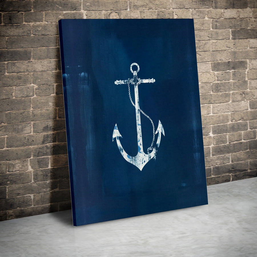 Nautical Anchor Canvas Wall Art | Distressed Navy Blue Coastal Decor | Premium Gallery-Wrapped Print | Ready to Hang Beach House Gift