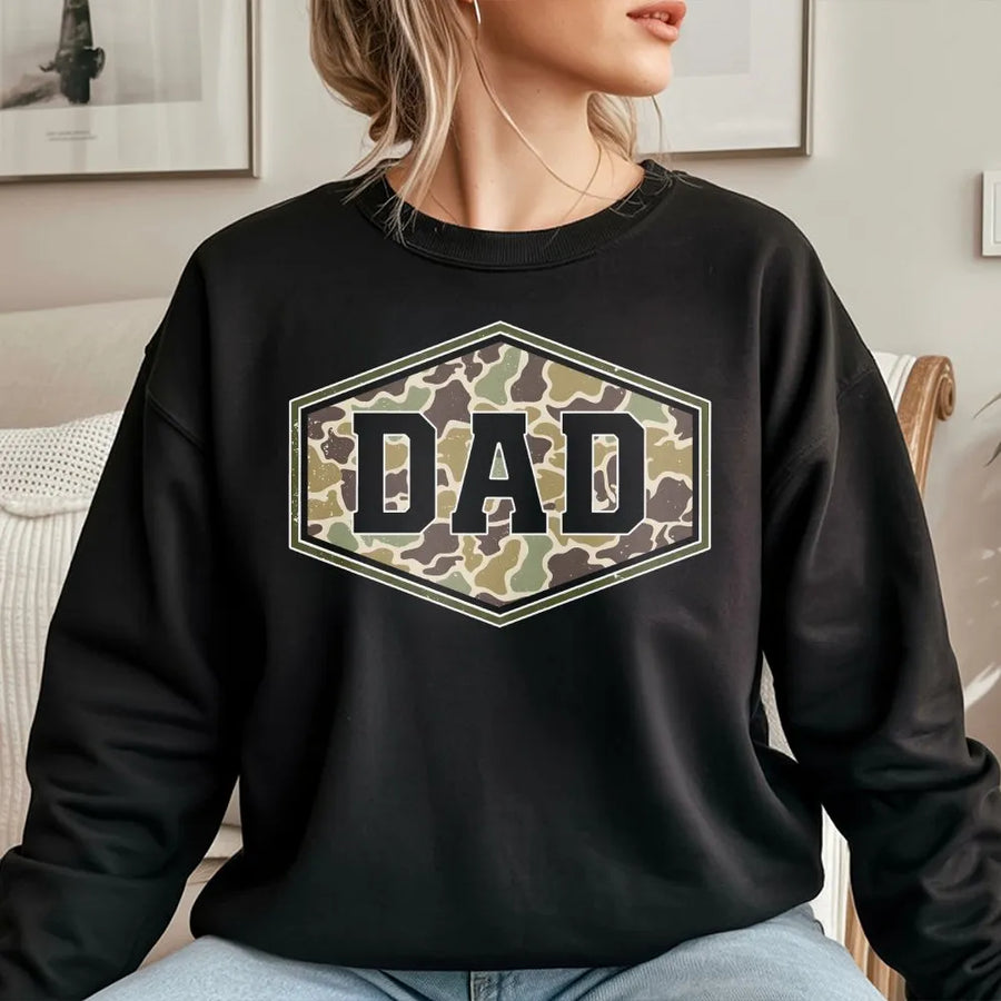 Duck Camo Dad Shirt | Retro Varsity Graphic Tee with Distressed Camouflage | Premium Cotton | Father's Day Gift for Hunter Dad