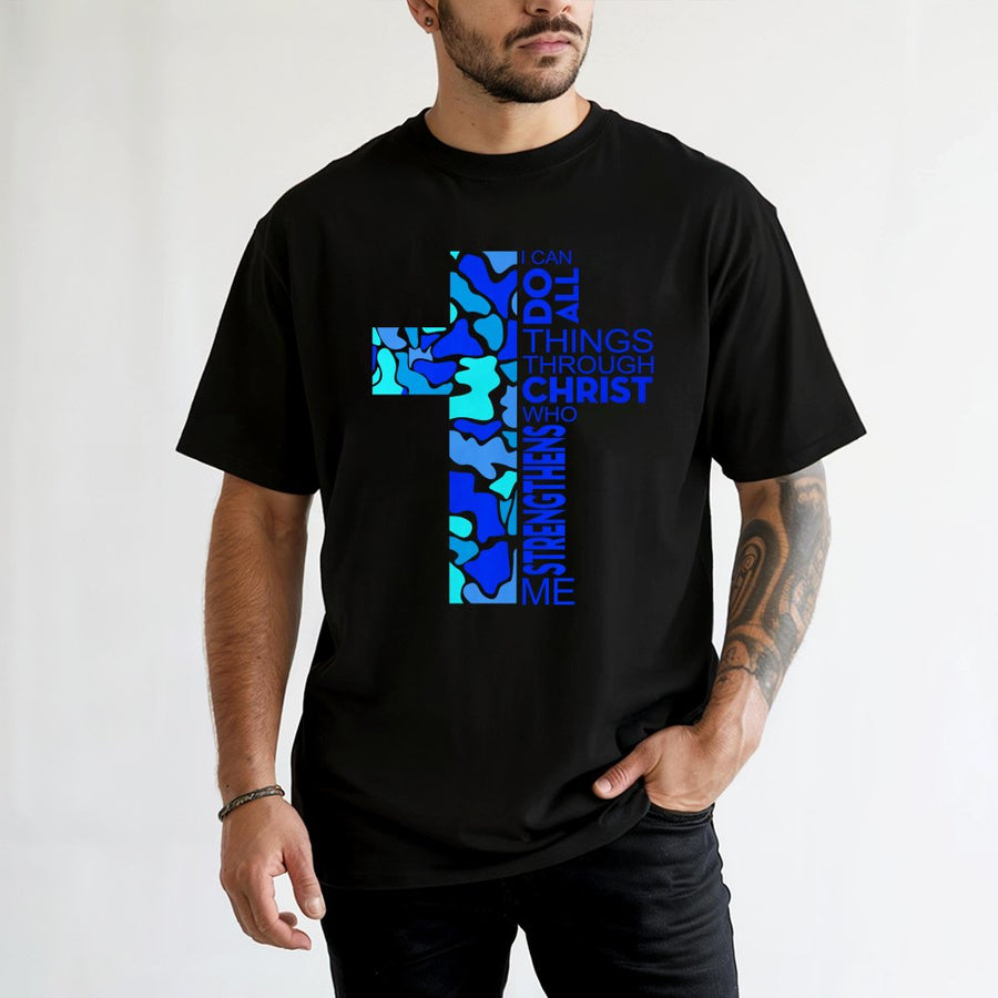 Christian T-Shirt | Blue Camo Cross Philippians 4:13 Bible Verse | 100% Cotton Premium Tee | Faith-Based Gift for Men and Women