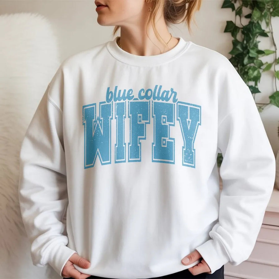 Blue Collar Wifey Sweatshirt | Retro Varsity Text | Cozy Cotton Blend Pullover | Gift for Blue Collar Wife